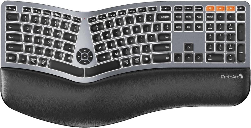 ProtoArc Backlit Bluetooth Ergonomic Keyboard, EK01 Plus Full Size Wireless Split Keyboard with Dual Bluetooth and USB, Cushioned Wrist Rest, Rechargeable for Windows/Mac/Android, Grey Black - Image 1